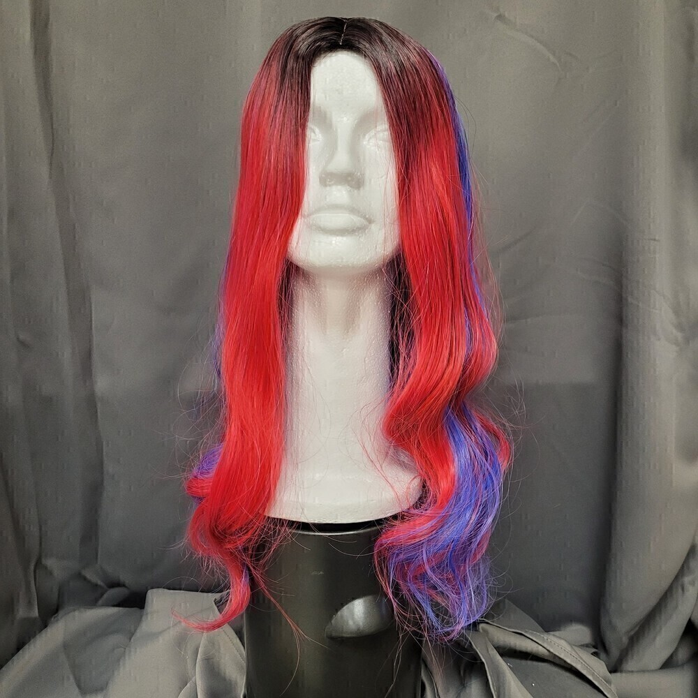 COSPLAY Costume Long Wavy Red & Blue Synthetic Wig With Crown.  Size Small